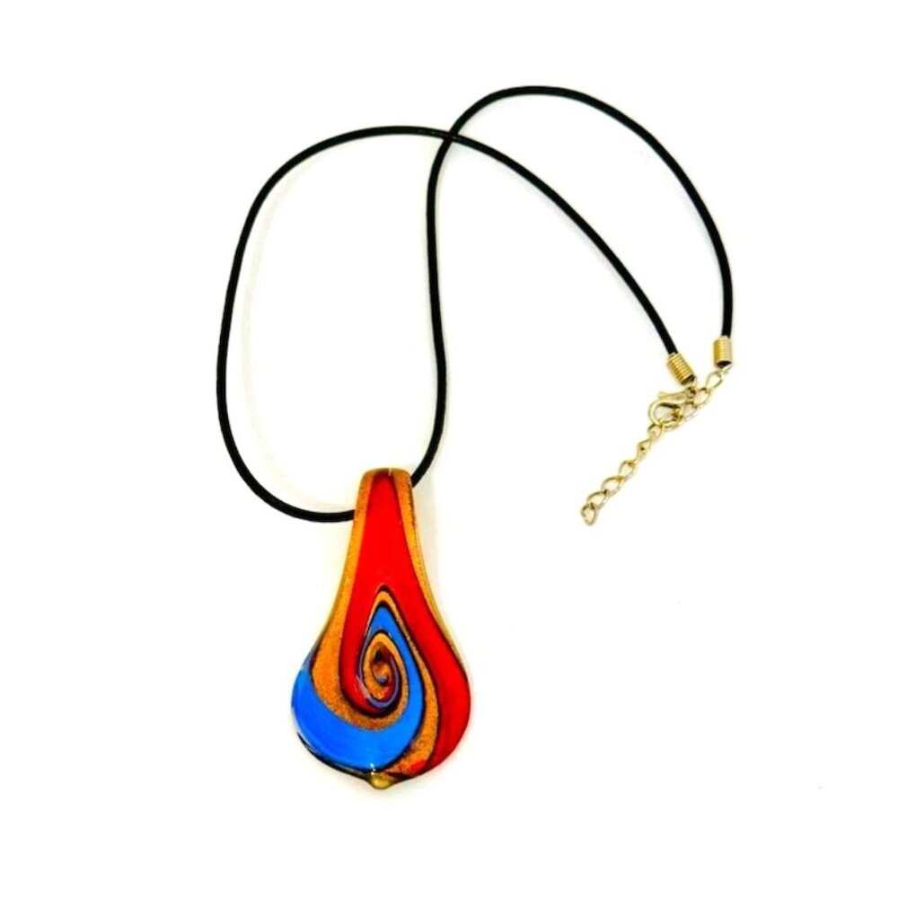 Glass Pendant Necklace Abstract Swirl Design w/Gold Metallic Accents
